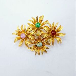 Vintage Signed Austria Gold Tone Prong Set Rhinestone Cabochon Floral Brooch Pin